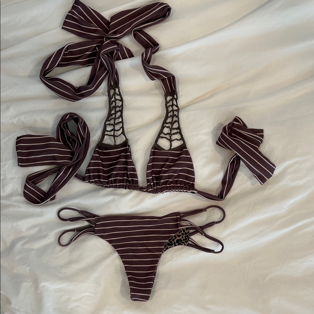 Acacia bikini set in brown stripes. Secrets top Small + Maui bottoms Small
